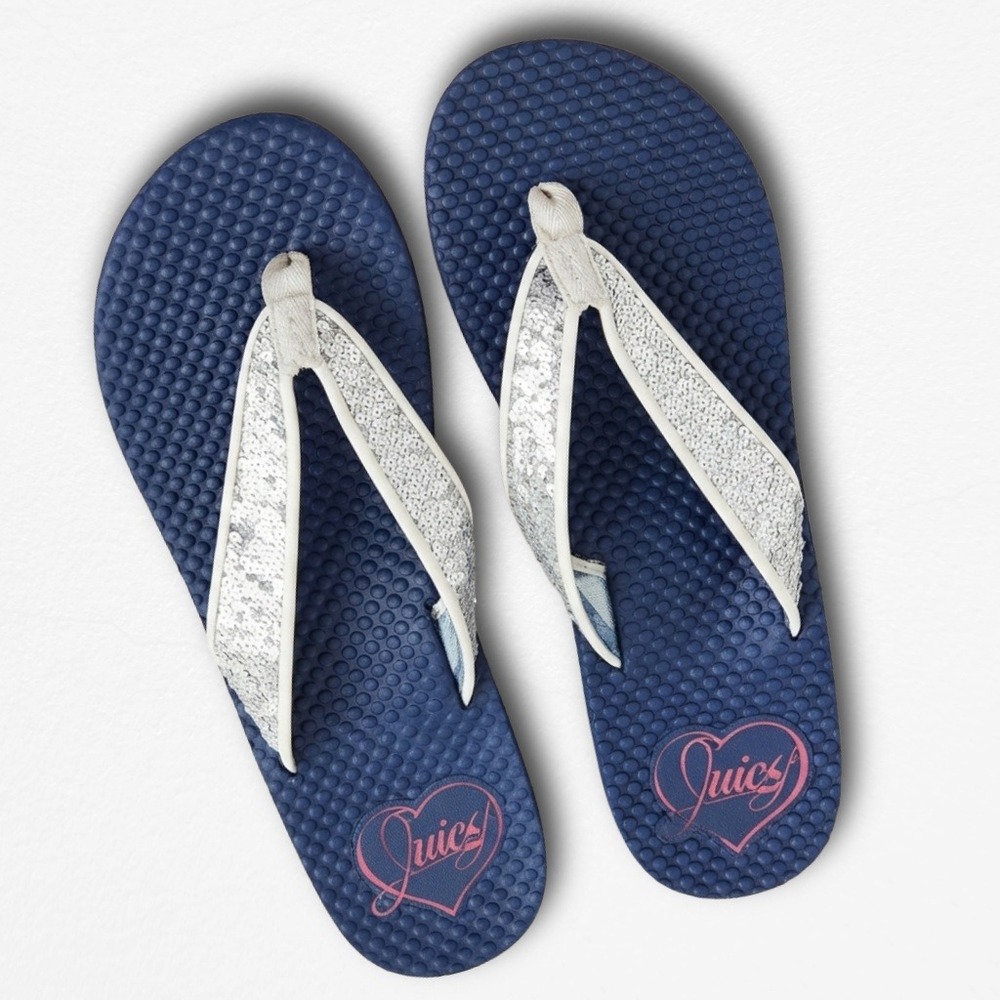 Juicy Couture Navy Blue Sequin Platform Flip Flops Pink Heart Logo Womens 10